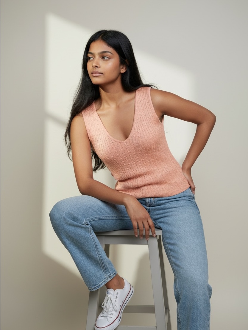 Silk Blend Cable Knit Pink Sleeveless Top